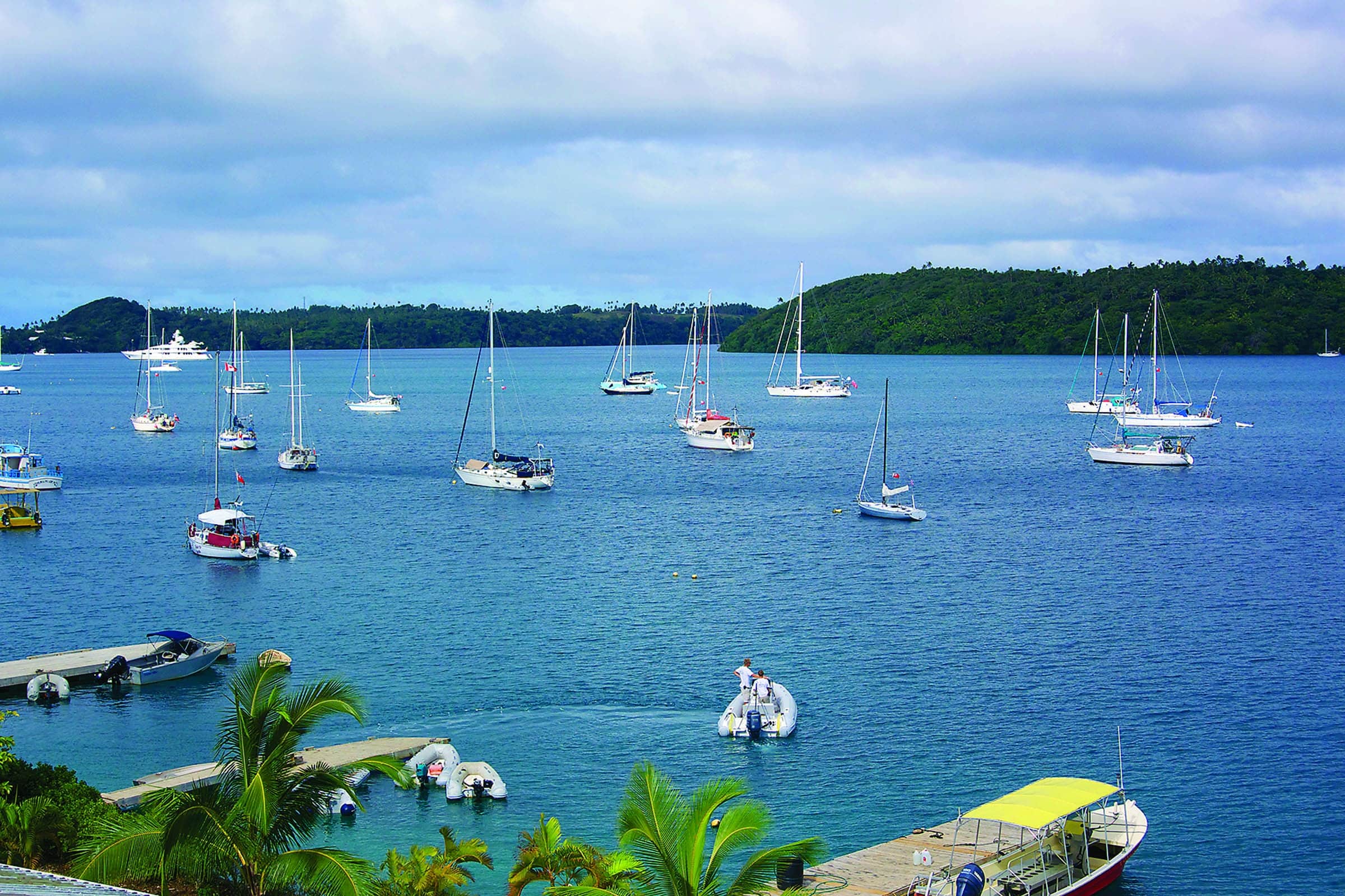 Sailing yachts anchored in Vava'u, a key customer base for Falaleu Deli’s fresh provisions.